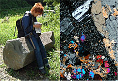 Volcanic Rock Shows Columnar Joint Observed at Mt.Aso (Left) and Flack Photo Taken by Polarization Microscope(Right)